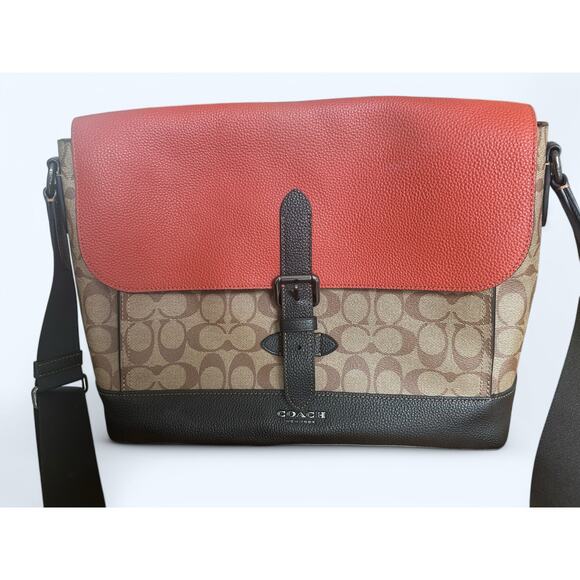 Coach Hudson Messenger Bag in Colorblock Terracotta Khaki Signature Leather - Picture 2 of 16